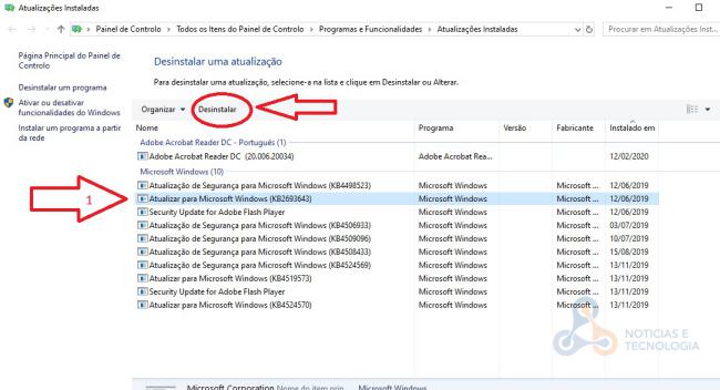 desinstalar actualização